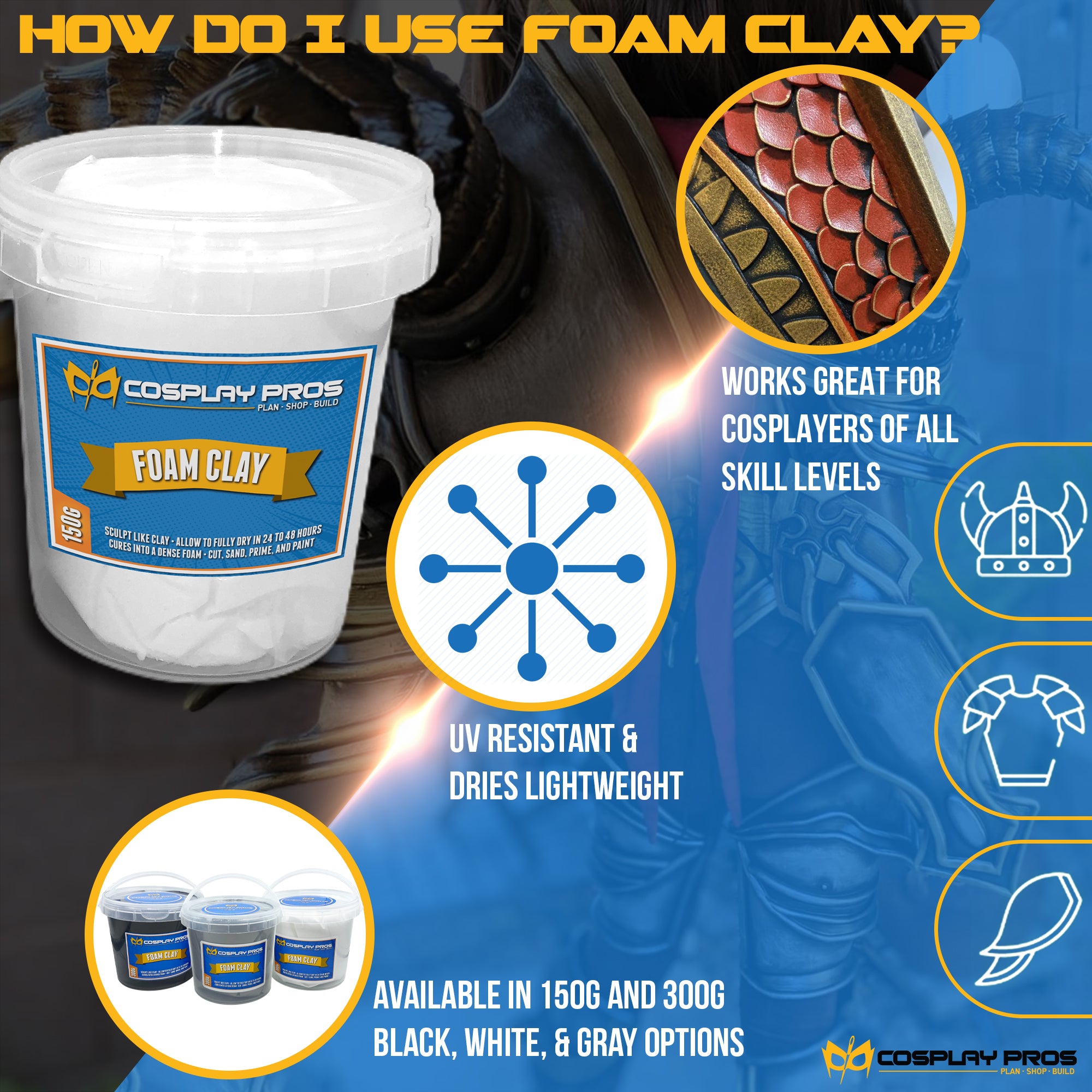 Moldable Foam Clay by Bendt Cosplay- Light Weight, Air Dries Dense Like EVA  Foam, Sands and Paints Easily, Non-Toxic (White, 300g)